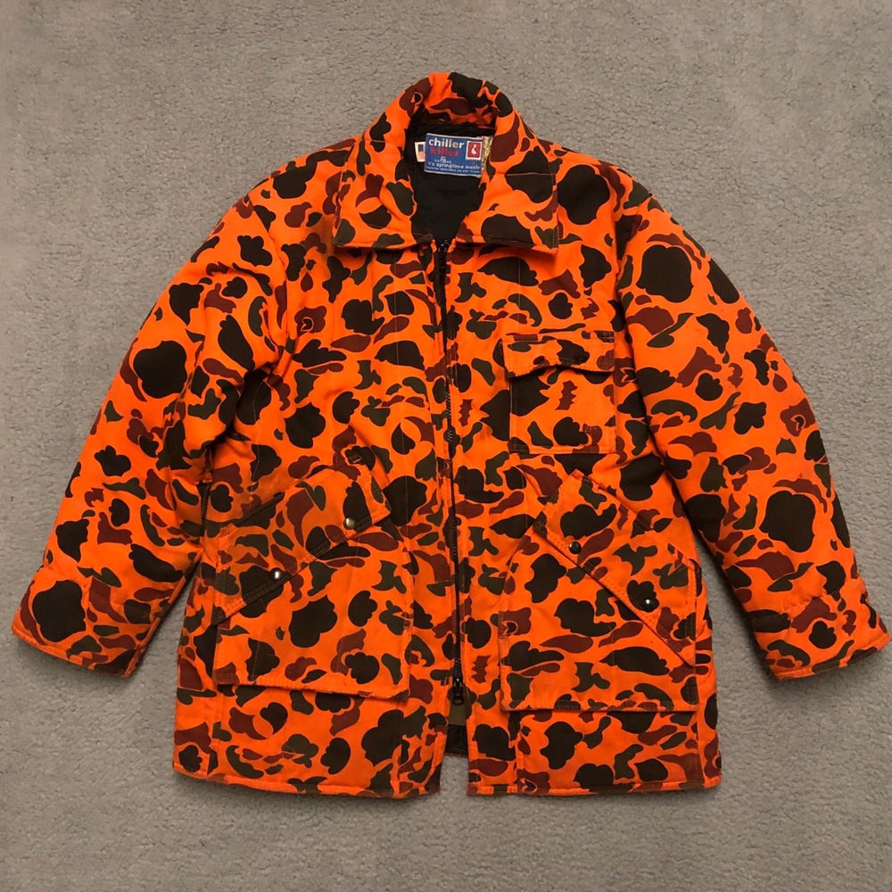 Vintage Saf-T-Bak Chiller Killer Hunting Jacket Orange Duck Camo Made in USA XL